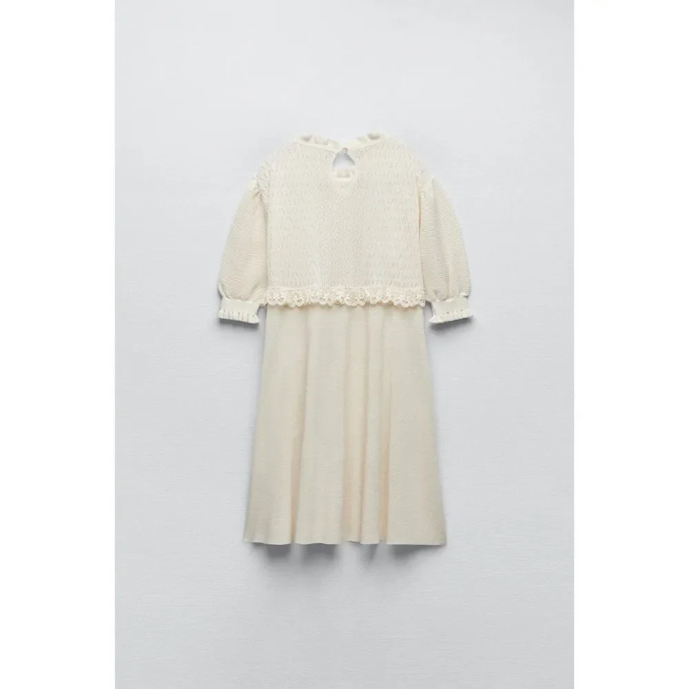 NWT Zara Mixed Pointelle Contrast Lace Detail Knit Mini Dress in Ecru, Medium